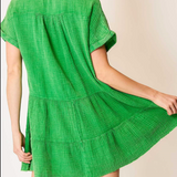 Tiered V Neck Gauze Dress w/ Collar - Kelly Green