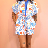Resort Print Romper With Contrast Trim - Blue Print