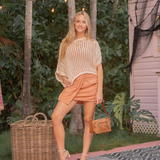 Crochet Knit Short Sleeve Sweater Top by Eesome - Oatmeal