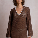 Crochet Long Sleeve Hoodie Dress With Contrast Trim by Elan - Brown / White