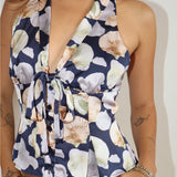 Seashell Print Halter Tank - Navy