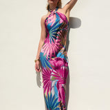 Silky Tropical Cross Front Halter Neck Maxi Dress With Open Back - Fuschia Tropical Print Satin