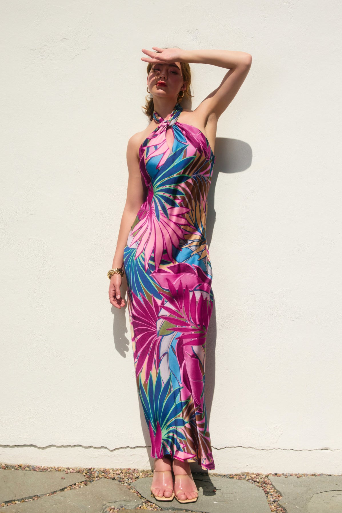 Silky Tropical Cross Front Halter Neck Maxi Dress With Open Back - Fuschia Tropical Print Satin