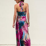 Silky Tropical Cross Front Halter Neck Maxi Dress With Open Back - Fuschia Tropical Print Satin