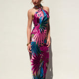 Silky Tropical Cross Front Halter Neck Maxi Dress With Open Back - Fuschia Tropical Print Satin