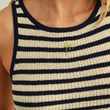 Striped Sweater Knit Tank With Embroidered Palm - Navy / White