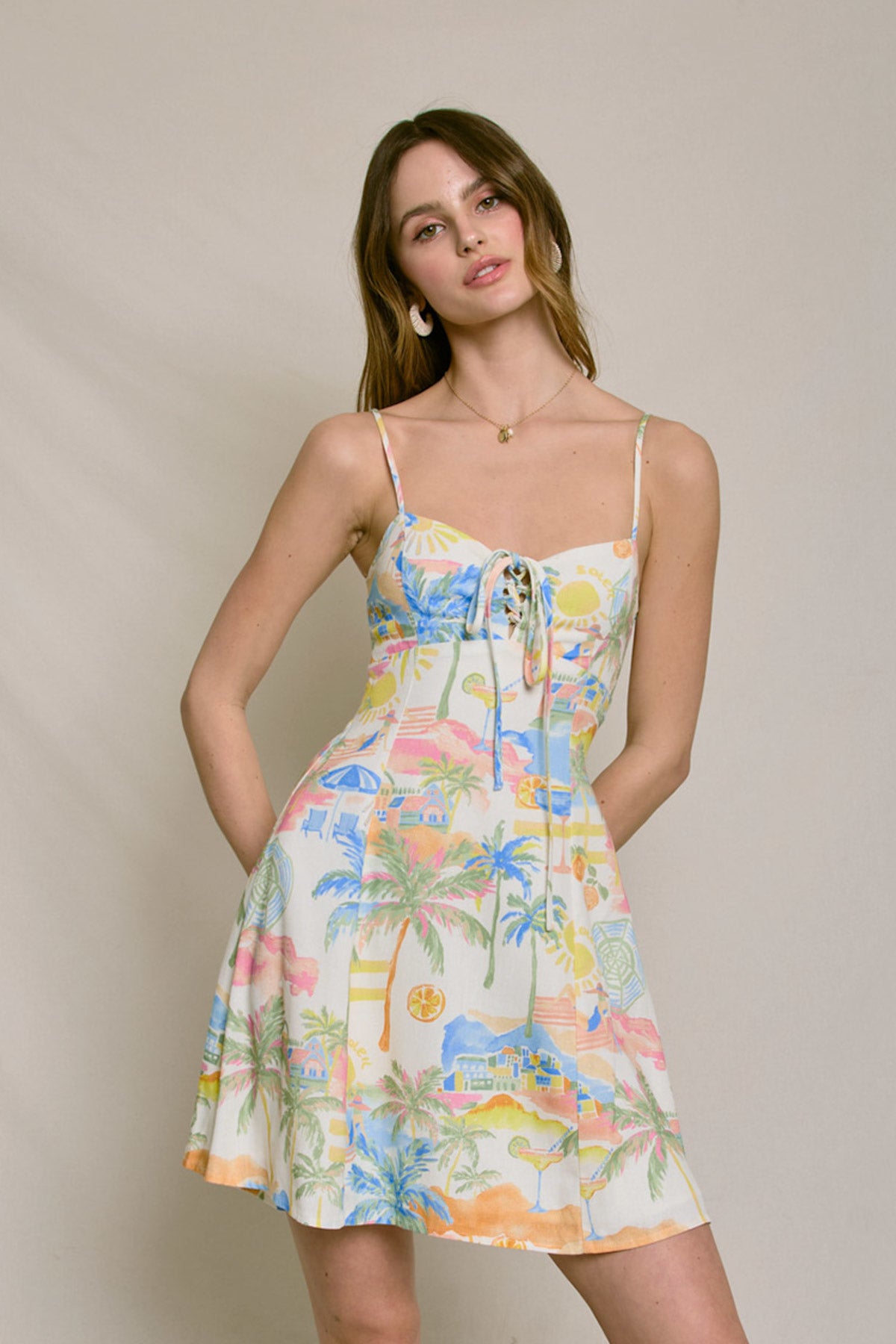 Summer Somewhere Cutout Detail Mini Dress - Pastel Coastline Print