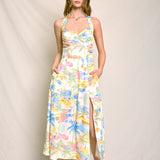 Summer Somewhere Halter Neck Midi Dress - Pastel Coastline Print