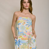 Summer Somewhere Strapless Pull on Mini Dress - Pastel Coastline Print