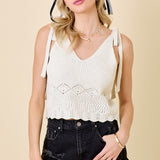 V Neck Sweater Top w/ Shoulder Tie & Embroidery - Ecru