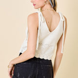 V Neck Sweater Top w/ Shoulder Tie & Embroidery - Ecru