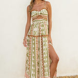 The Bahamas Cutout Smocked Maxi Dress- Green Brown Border Print