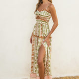 The Bahamas Cutout Smocked Maxi Dress- Green Brown Border Print