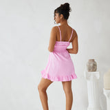 Tie Front Ruffle Short Dress - Hot pink
