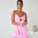 Tie Front Ruffle Short Dress - Hot pink