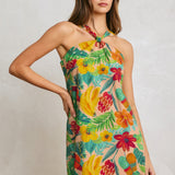 Tropical Mini Dress WIth Twist Neck & Tie Back -Rio Tropical Print