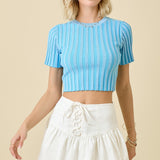 Two Toned Striped Cropped Sweater Top - Blue Stripe