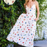 Vacation Snacks Print Maxi Dress Tie Back - White Vacation Snacks