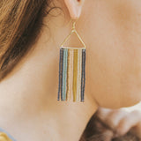 Teal Navy Stripe On Triangle Fringe Earrings