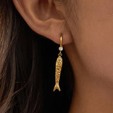 Calypsa 18K Gold Non-Tarnish Fish Charm Drop Earrings: Yellow Gold