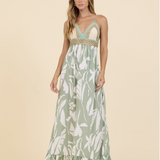 Sage Leaf Print Halter Maxi Dress with Crochet Top by Surf Gypsy  - Sage Green