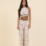 Leopard Print  Wide Leg Pants w/ Smocked Waist Crochet Trim by Surf Gypsy  - Grey