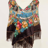 Western Vibe Long Fringe Floral Square Scarf/Shawl Coffee
