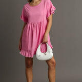 Bubble Pink Linen Short Sleeve Dress w/ Raw Hem & Pockets