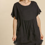 Black Linen Short Sleeve Dress w/ Raw Edges, Hi Lo Hem & Pockets