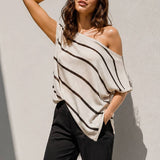Asymmetrical Hem Stripe Tunic Top - Tan