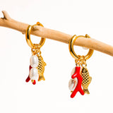 Rocaille 18K Gold Non-Tarnish Fish Pearl Earring: Red