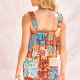 Printed Ruffle Top And Maxi Skirt Set: Orange Blue