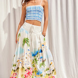 Greece Vacay Print Set - Tube Top & Maxi Skirt - White / Blue