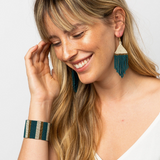 Teal, Cream, Gold Fringe Earrings