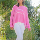 Hot Pink V Neck Sweater w/   'Endless Summer' Embroidery  by Vintage Havana - Hot Pink