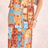 Printed Ruffle Top And Maxi Skirt Set: Orange Blue