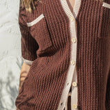 Crochet Matching Set - Button Up Top & Shorts -  Chocolate Brown / White