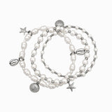 Coastal Stackable Shell Starfish Pearl Stretch Bracelet 3 set: Gold
