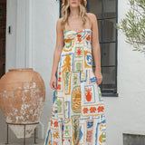 Tropical Print Strapless Maxi Dress With Open Back - White / Multi