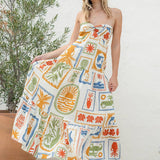 Tropical Print Strapless Maxi Dress With Open Back - White / Multi