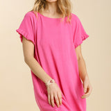 Short Sleeve Linen Short Dress w/ Raw Hem & Round Neck - Hot Pink