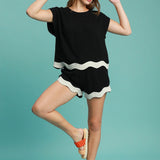 Black Gauze Top w/ Scalloped Rick Rack Border - Black & Tan