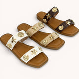 SEASHELL EMBELLISHED DOUBLE STRAP FLAT SAND: NATURAL RAFFIA STRAW