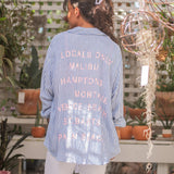 Striped Button Down Shirt w/ Bold Lettering  by Vintage Havana  - Blue Stripe / Pink