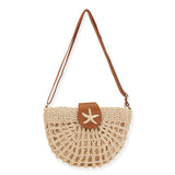 Straw Half Moon Crossbody Purse With Starfish Closure- Natural