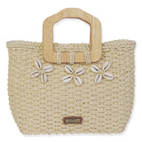 Medium Straw Tote With Cowries & Wooden Handle  - Natural Tan