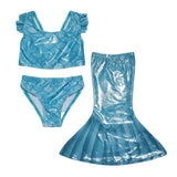 UPF 50+ 3 Piece Mermaid Swim Set w/ Ruffle Shoulder Seabreeze Scales
