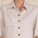 Crop Button Shirt With Fray Edge - Light Grey