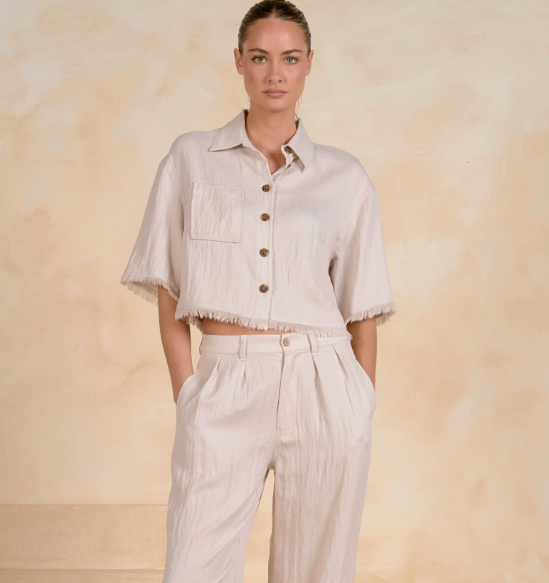 Wide Leg Pants With Fray Edge - Light Grey