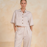 Crop Button Shirt With Fray Edge - Light Grey